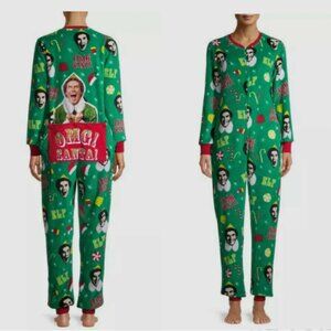 Elf OMG! Santa! Christmas Fleece Full Length Pajamas Green Red Women's Medium